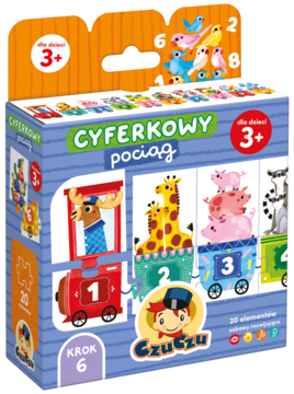Edukacyjny pociąg Czuczu Cyferkowy, puzzle do nauki liczenia dla dzieci. Front opakowania z lokomotywą i wagonami.
