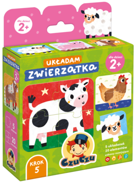 CzuCzu Układam Zwierzątka, puzzle dla dzieci 2+ z wesołymi zwierzętami z farmy na zielonym pudełku.