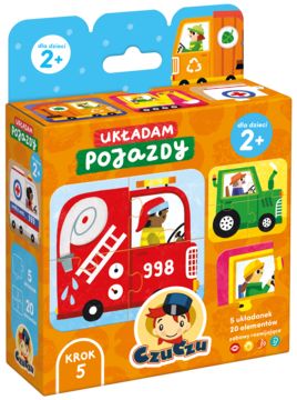 Pudełko puzzli CzuCzu Układam Pojazdy. 5 obrazków pojazdów funkcyjnych dla dzieci 2+, widok z przodu.