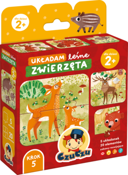 CzuCzu puzzle Układam leśne Zwierzęta, czerwone pudełko z jeleniem i dzikiem, wiek 2+, widok z przodu.