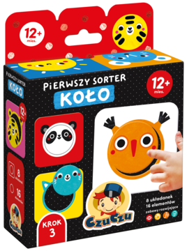 Pudełko Czuczu Pierwszy Sorter Koło, puzzle dla malucha 12+, czarne z barwnymi grafikami zwierząt i dłonią dziecka.