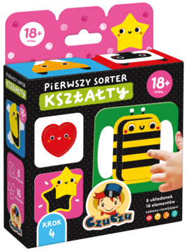 Edukacyjny sorter CzuCzu Kształty 18m+, w pudełku z sercem, pszczołą i gwiazdką, widok z przodu.