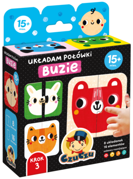 Kolorowe pudełko CzuCzu Układam Połówki Buzie, edukacyjne puzzle 15+, ze zwierzęcymi buźkami, widok z przodu i boku.