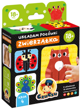Edukacyjne dwuelementowe puzzle CzuCzu 'Zwierzątka' 18+, z kotem i biedronką, w widocznym kolorowym pudełku.