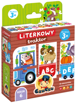 Edukacyjne puzzle CzuCzu Literkowy traktor 3+, opakowanie z widokiem na traktor, litery i zwierzęta.