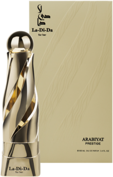 Złoty, skręcony flakon wody perfumowanej La-Di-Da for Her, obok beżowego pudełka Arabiyat Prestige, widok z przodu.