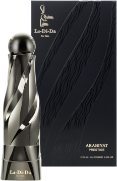 Woda perfumowana La-Di-Da for him w metalicznym flakonie o skręconym kształcie, widok z przodu obok czarnego pudełka.