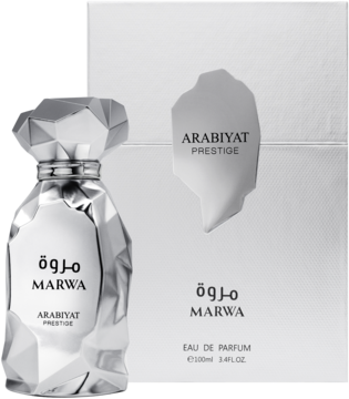 Woda perfumowana Arabiyat Prestige Marwa, srebrna fasetowana butelka z białym pudełkiem, elegancki zapach unisex.