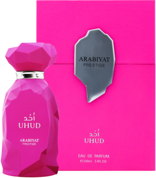 Damska woda perfumowana Arabiyat Prestige Uhud w różowym, geometrycznym flakonie i pudełku. Widok z przodu.