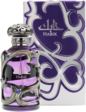 Męska woda perfumowana Lattafa Habik, fioletowy flakon w srebrnej, zdobionej ramie, obok białe pudełko.