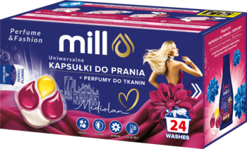 Fioletowe opakowanie Mill Perfume & Fashion Mediolan kapsułek do prania, 24 prań. Widok frontowy z kobietą i kapsułkami.