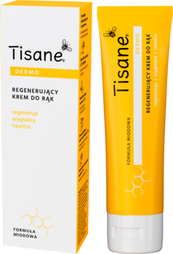 Tisane Dermo Regenerujący krem do rąk z formułą miodową, żółta tubka obok białego opakowania.