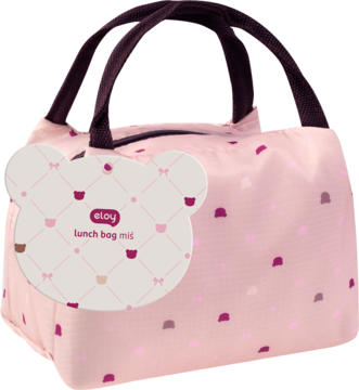 Eloy lunch bag miś: różowa torba z uchwytami, z wzorem kropek i małych babeczek, widok z przodu z misiem-zawieszką.