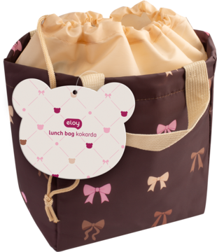 Eloy lunch bag kokarda brązowa torba na jedzenie ze wzorem kokardek, beżowym ściągaczem i metką misia.