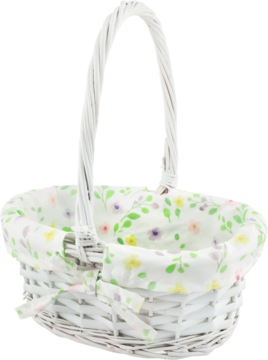 Owalny biały koszyk wiklinowy z wysokim uchwytem i jasnym wkładem w kolorowe kwiatki, widok z przodu.