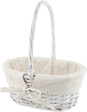 Biały koszyk wiklinowy z uchwytem, kremową wkładką w czerwone kropki i kokardką, widok z przodu.