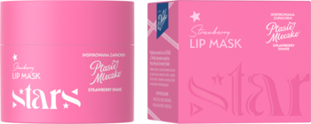 Stars Strawberry Lip Mask w różowym cylindrycznym słoiczku i prostokątnym opakowaniu, widok z przodu.