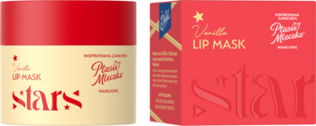 Waniliowa maseczka do ust Stars Prasátko Monička w czerwono-beżowym słoiczku i pasującym czerwonym pudełku, z przodu.