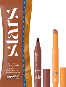 Zestaw stars Lip Carbo PAWELIK: opakowanie, brązowy Lip Stain i pomarańczowy Lip Balm Oil, oba otwarte.