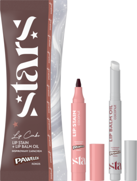 Zestaw Star Lip Cabo: brązowa torebka, różowy Lip Stain w pisaku i biały Lip Balm Oil coconut, oba bez zakrętek.