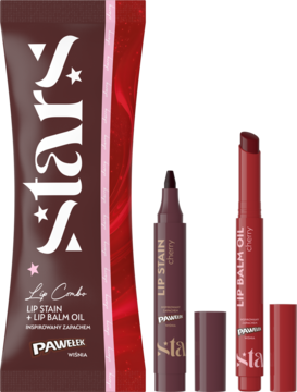 Zestaw do ust Pawelik Lip Care: sachet z logo Star, lip stain i lip balm oil w kolorze wiśniowym, na czerwonym tle.