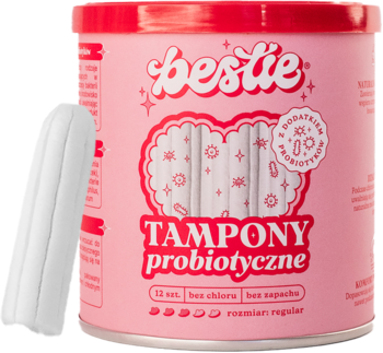 Bestie Tampony Probiotyczne regular, różowy cylindryczny pojemnik z czerwonym wieczkiem i napisem, obok biały tampon.