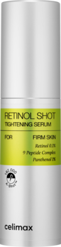 Celimax Retinol Shot serum ujędrniające w srebrnej butelce z zieloną etykietą, widok z przodu, Retinol 0.1%.