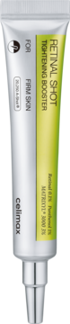 Celimax Retinal Shot Tightening Booster 0.1% Retinal, biała tubka z zielonym panelem, pionowe napisy, widok z przodu.