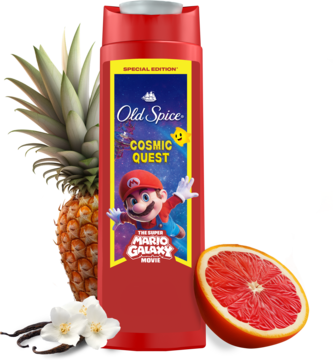 Czerwona butelka żelu Old Spice Cosmic Quest Mario, otoczona ananasem, grejpfrutem i jaśminem.