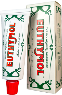 Euthymol Original pasta do zębów bez fluoru, biała tubka z czerwoną nakrętką i pudełko. Świeżość 12h.