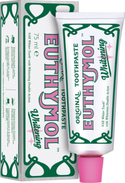 Euthymol Whitening pasta do zębów w białej tubce z różową nakrętką i kartoniku, 75ml, z przodu.