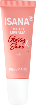 Isana Tinted Lipbalm Glossy & Shine Nude w tubce w kolorze nude, z białym spodem, widok z przodu.