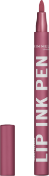 Rimmel Thrill Seeker Lip Ink Pen, ciemnoróżowa pomadka w pisaku, stojąca pionowo z otwartą skuwką.