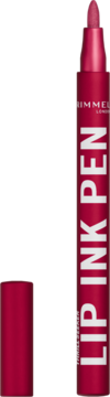 Rimmel Thrill Seeker Lip Ink Pen, fuksjowa pomadka w pisaku, otwarta, z aplikatorem i napisem na korpusie.