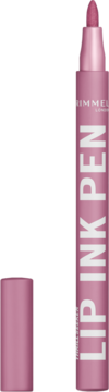 Różowa pomadka w pisaku Rimmel Thrill Seeker Lip Ink Pen. Widoczna otwarta końcówka i odłożona skuwka.