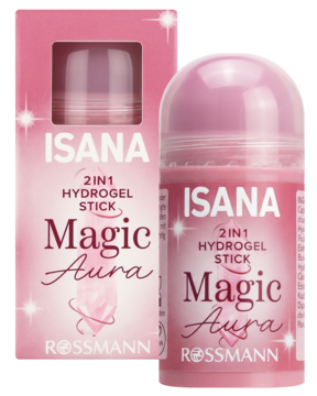 Różowy hydrożelowy sztyft ISANA Magic Aura i opakowanie, widok przodem, z efektem brokatu, na tle czerni.