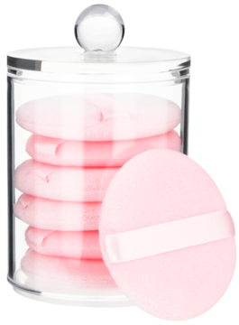 Miękkie, różowe aplikatory do pudru w przezroczystym akrylowym pojemniku z pokrywką, jeden obok.