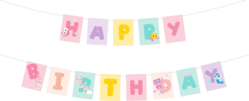 Baner Koci Domek Gabi 'Happy Birthday', pastelowe litery na kartach z postaciami z bajki, widok z przodu.