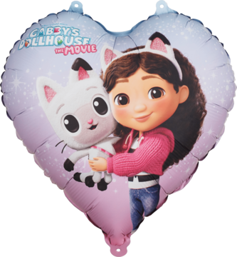 Foliowy balon serce Koci Domek Gabi z Gabi i Pandym Łapkiem, różowo-fioletowy, napis. Widok z przodu.