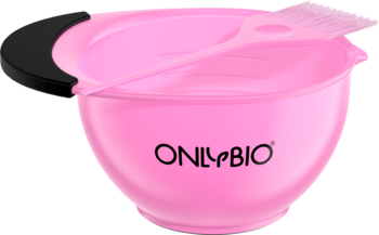 Różowa plastikowa miska OnlyBio z czarnym uchwytem i pędzel do koloryzacji włosów, widok z góry.