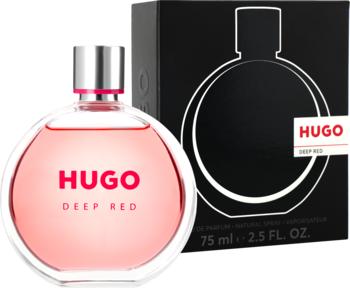 Hugo Deep Red, uwodzicielskie perfumy dla kobiet, różowa butelka i czarne pudełko z okrągłym wzorem, przód.