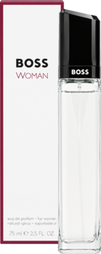 Butelka perfum Hugo Boss Boss Woman 75 ml z czarną nakrętką, obok białego opakowania z burgundowymi detalami.