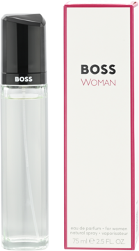 Hugo Boss Boss Woman woda perfumowana 75ml, przezroczysta butelka obok białego pudełka z różowym paskiem.