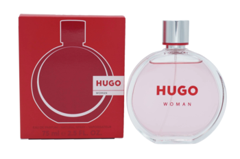 Hugo Boss Hugo Woman EDP 75ml. Czerwone pudełko i okrągła butelka z różowym płynem, z logo, widok z przodu.