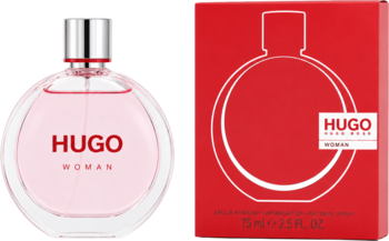 Hugo Boss Woman woda perfumowana, różowa butelka z napisem i czerwone pudełko obok siebie.