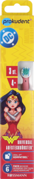 Prokudent końcówki do szczoteczki Universal, 3 sztuki, wiek 4+, z postacią Wonder Woman na żółtym pudełku.