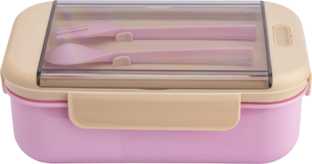 Różowo-beżowy lunch box z przezroczystą pokrywką, w środku różowy widelec i łyżka, widok z przodu.