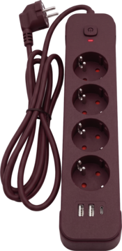 Burgundowa listwa zasilająca z 4 gniazdami Schuko, 2 USB-A, 1 USB-C, włącznikiem (on) i kablem, widok z góry.