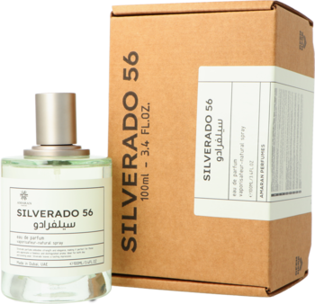 Amaran Silverado 56 EDP 100ml: butelka obok brązowego pudełka, front z napisem Silverado 56.