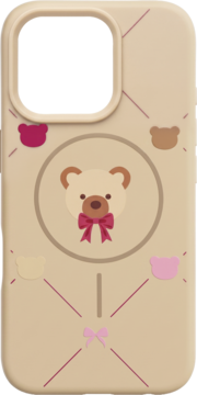 Beige phone case with a central brown teddy bear head, red bow, surrounded by smaller bear heads and lines.